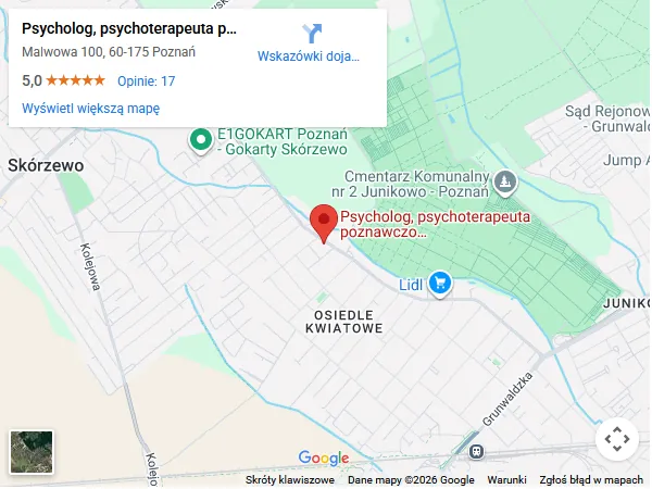 Mapa dojazdu do gabinetu psychoterapeuty w Poznaniu, ul. Malwowa 100